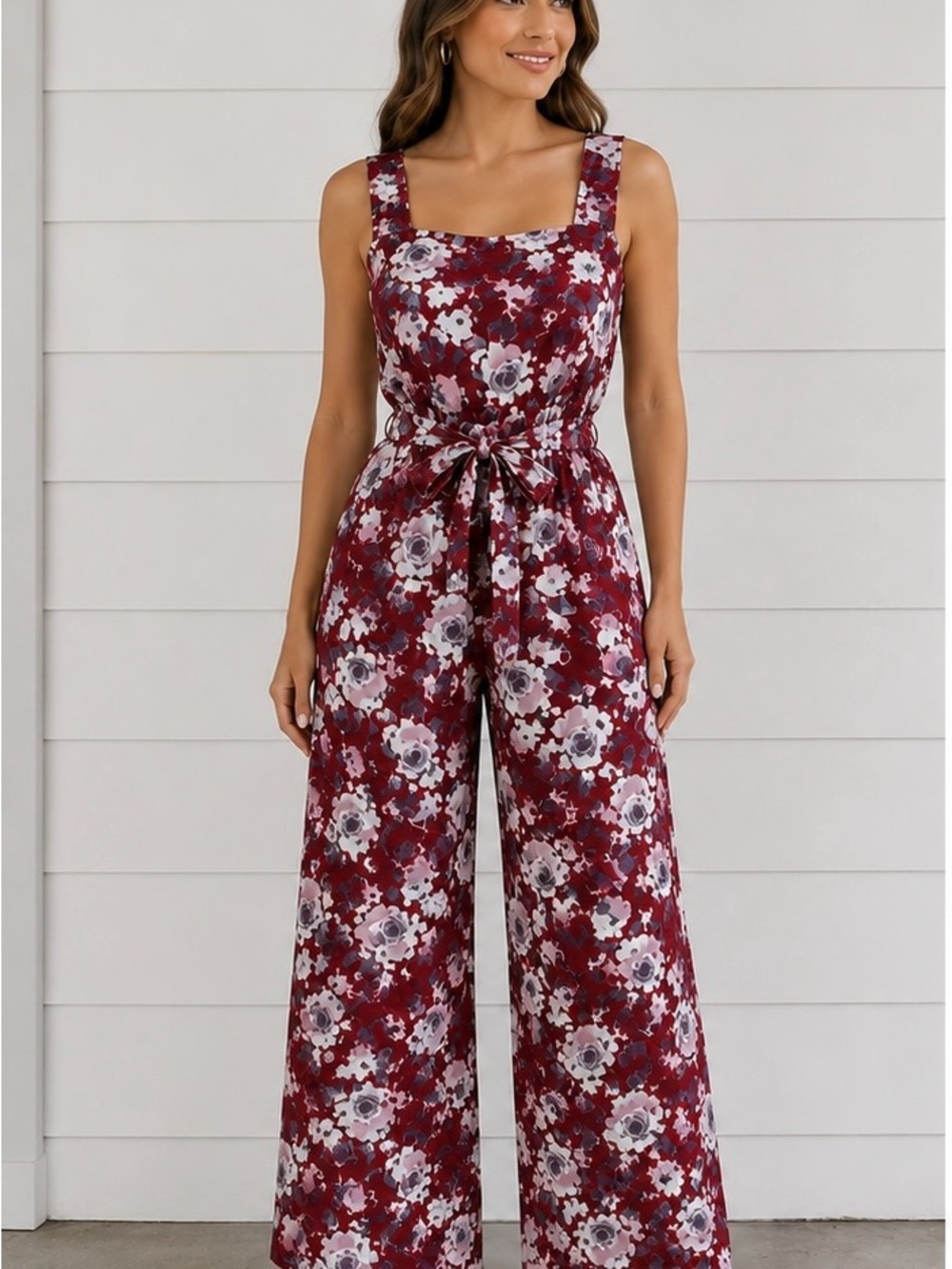 Xhilaration Burgundy Floral Square-Neck Wide-Leg Jumpsuit